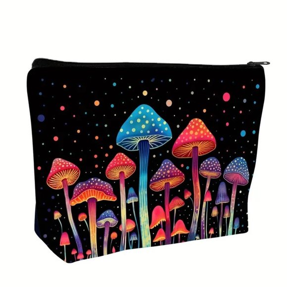 Cosmetic Bag Mushroom Makeup Clutch Zip Pouch Travel Hippie Boho Wonderland Trip - Picture 1 of 4